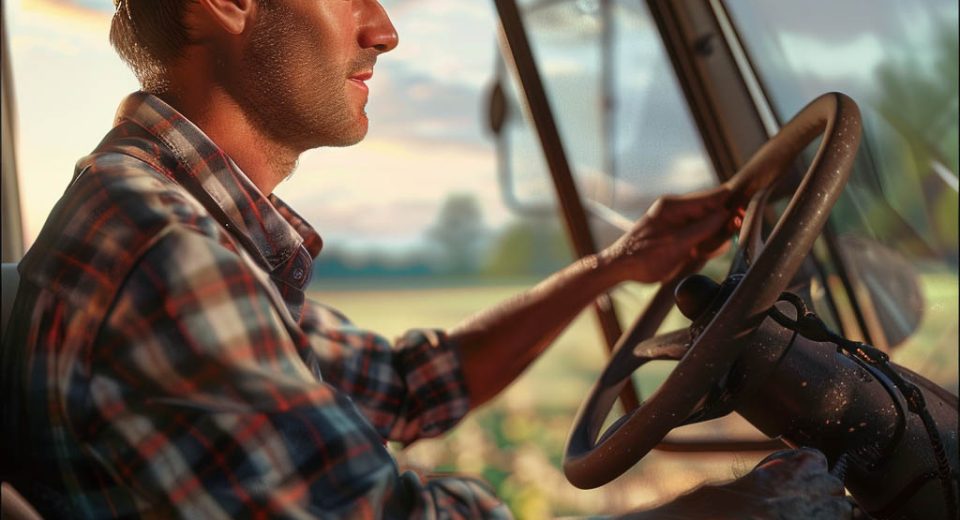Młody mężczyzna prowadzi traktor ciągnik rolniczy